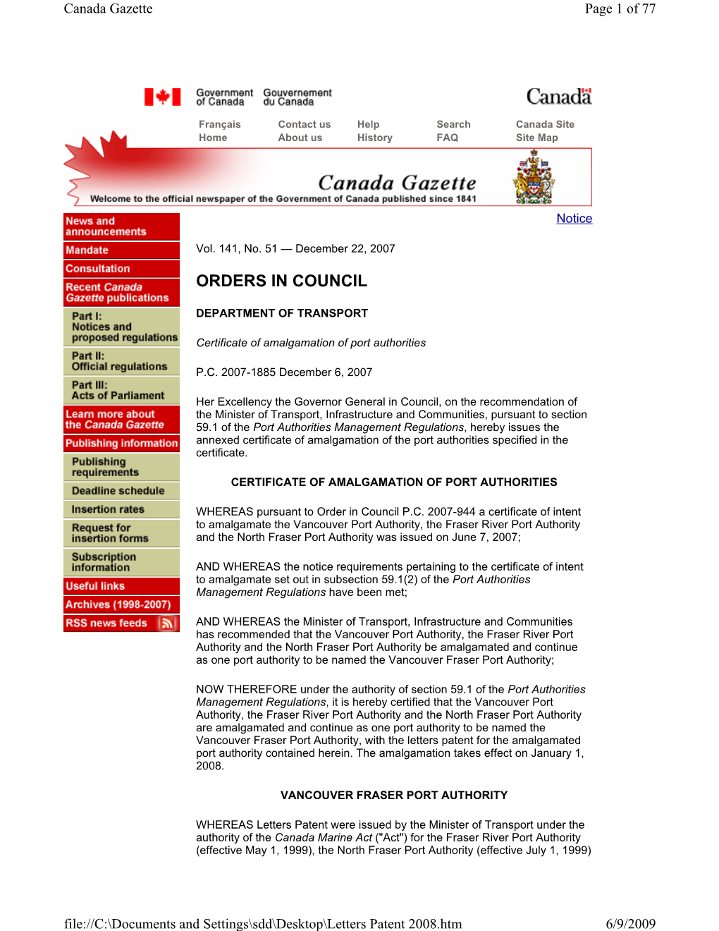Vancouver Fraser Port Authority Letters Patent