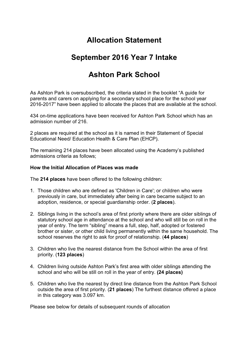 Allocation Statement September 2016 Year 7 Intake Ashton Park School