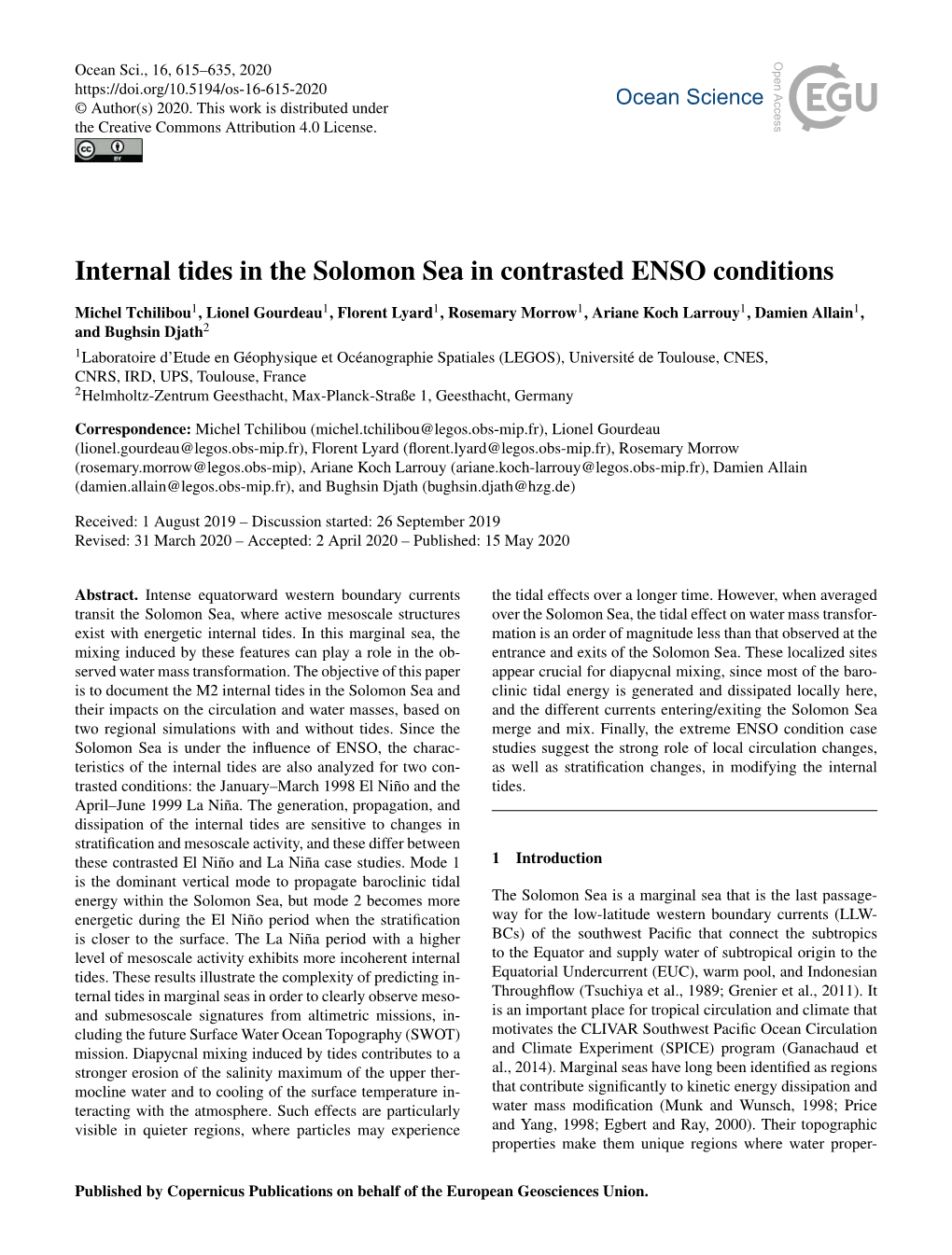 Internal Tides in the Solomon Sea in Contrasted ENSO Conditions