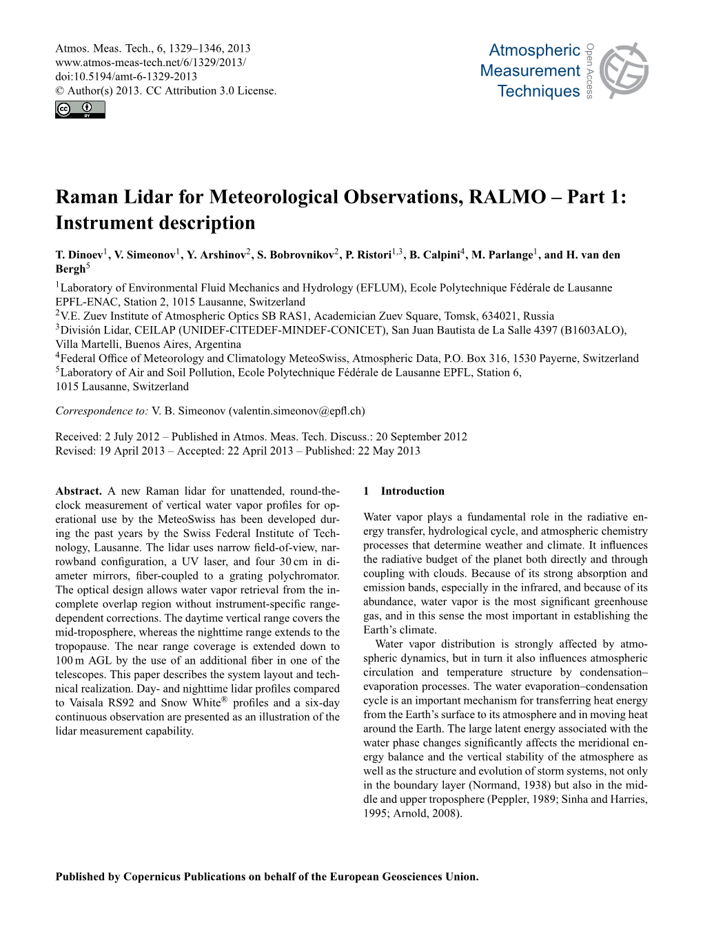 Raman Lidar for Meteorological Observations, RALMO – Part 1: Open Access Instrument Description Climate Climate of the Past 1 1 2 2 1,3 4 of The1 Past T