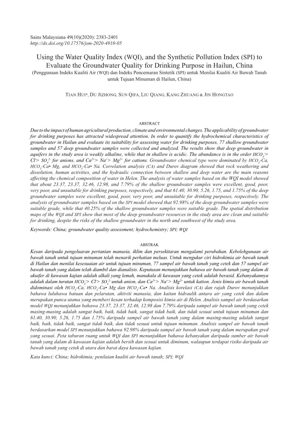 Using the Water Quality Index (WQI), and the Synthetic Pollution Index