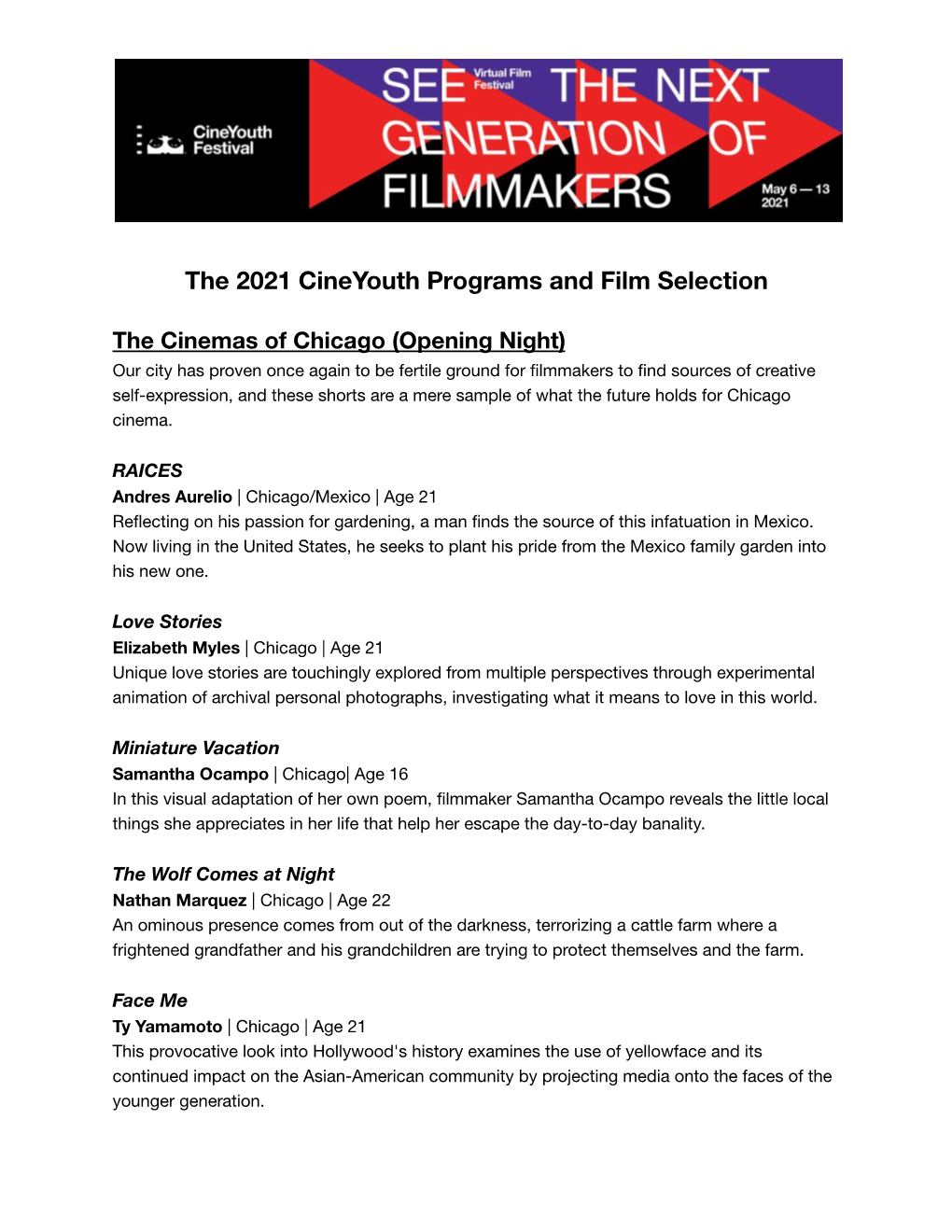 Cineyouth 2021 Film Selection