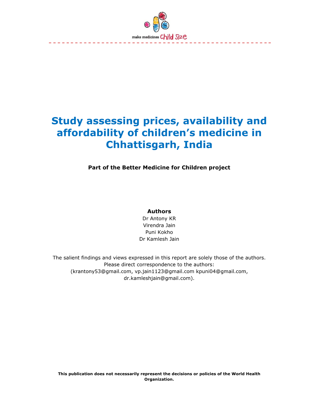 Study Assessing Prices, Availability and Affordability of Children's