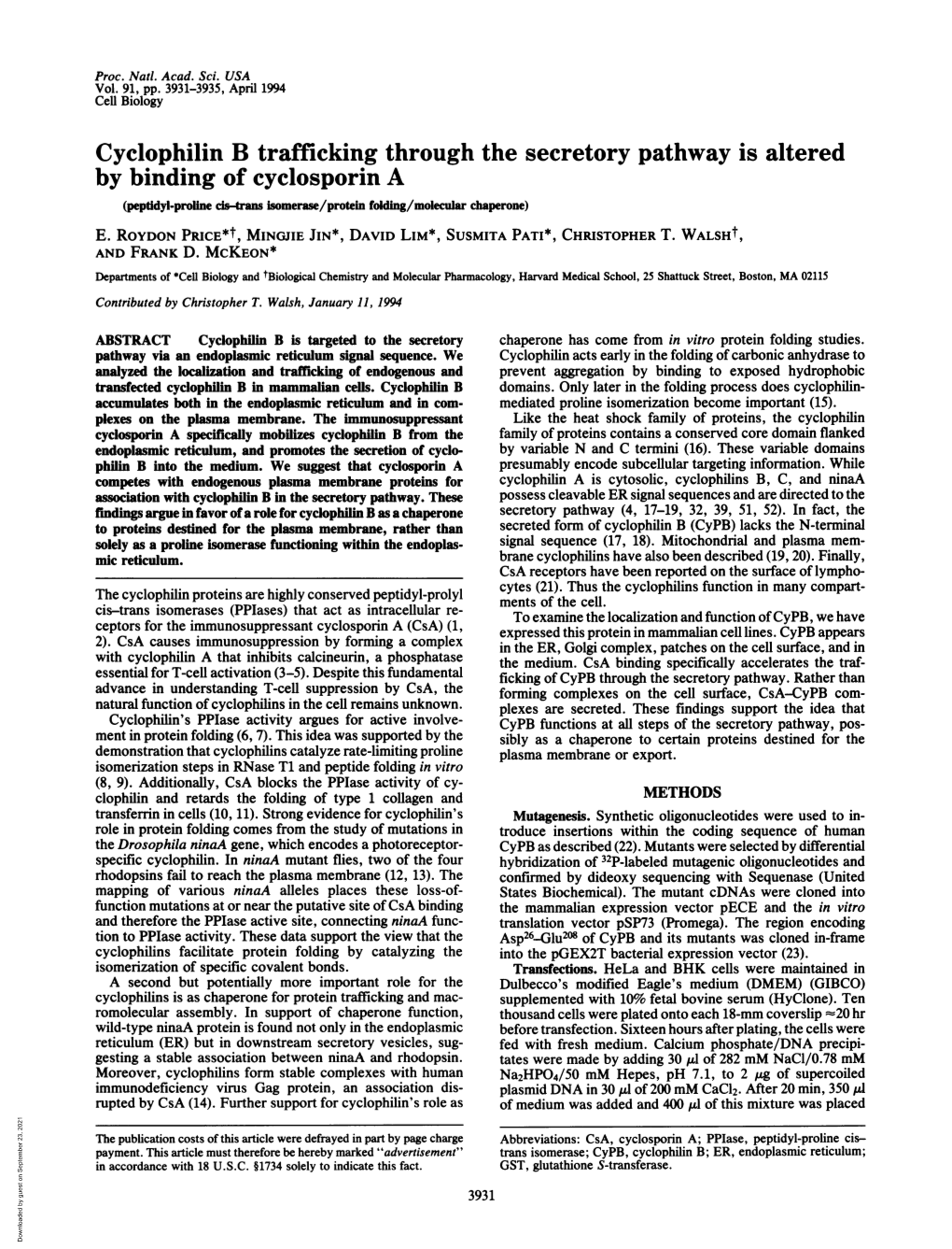 Cyclophilin B Trafficking Through the Secretory Pathway Is Altered