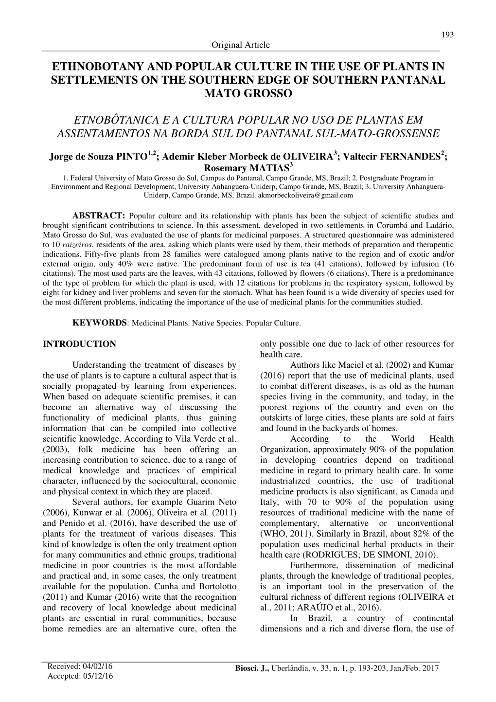 Ethnobotany and Popular Culture in the Use of Plants in Settlements on the Southern Edge of Southern Pantanal Mato Grosso