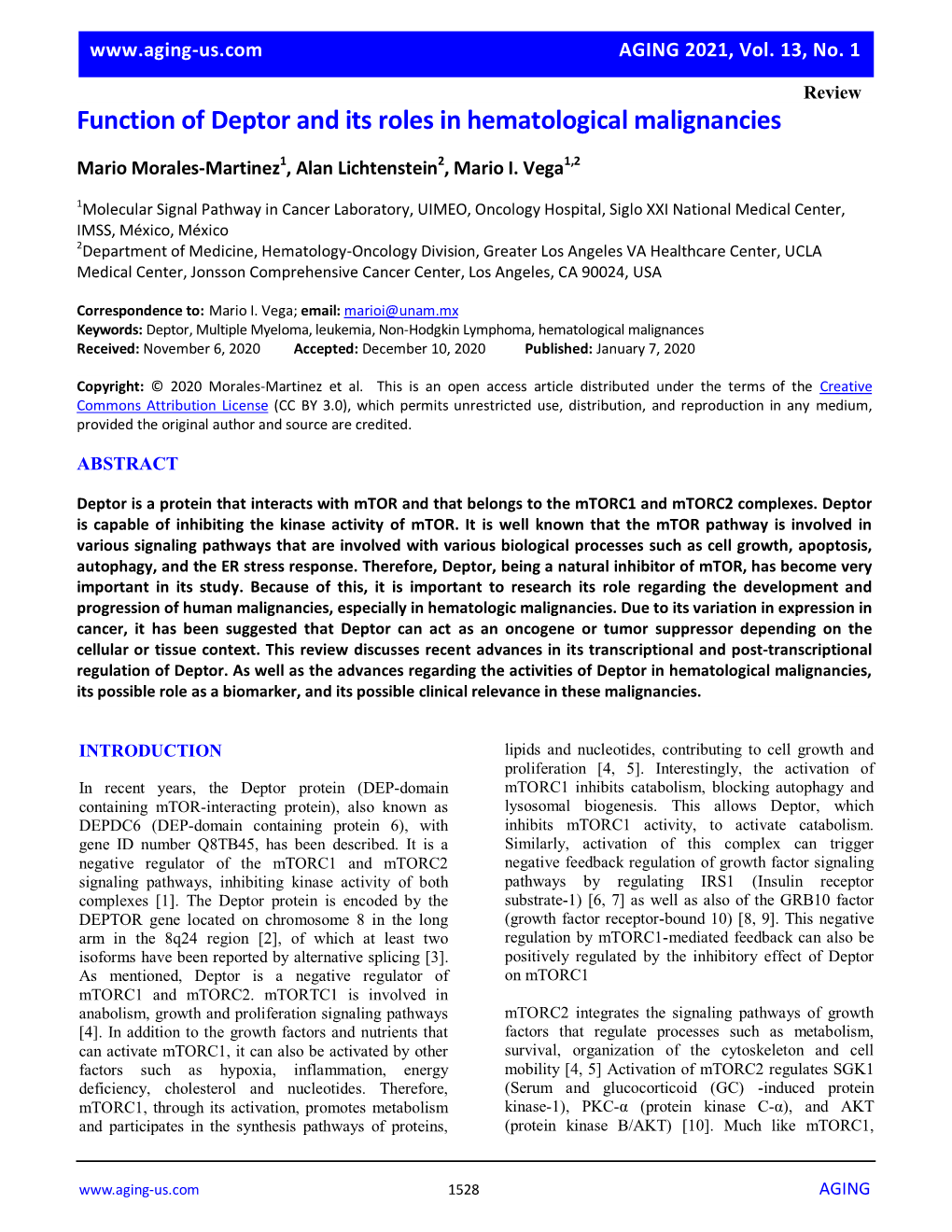 Function of Deptor and Its Roles in Hematological Malignancies