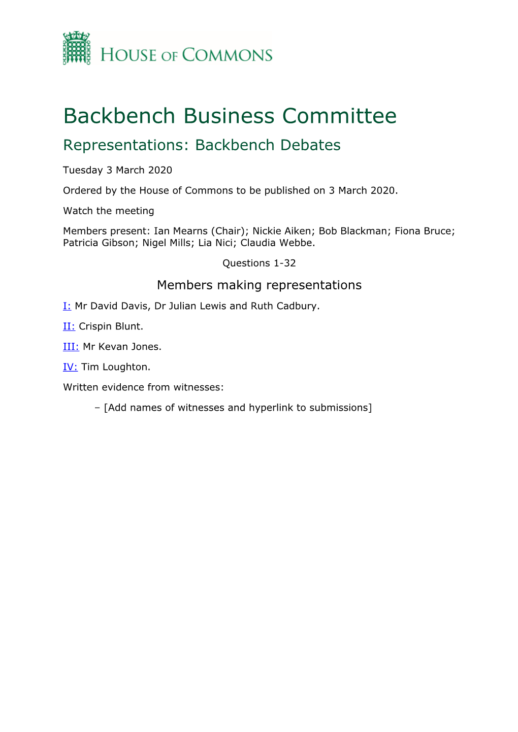 Backbench Business Committee Representations: Backbench Debates