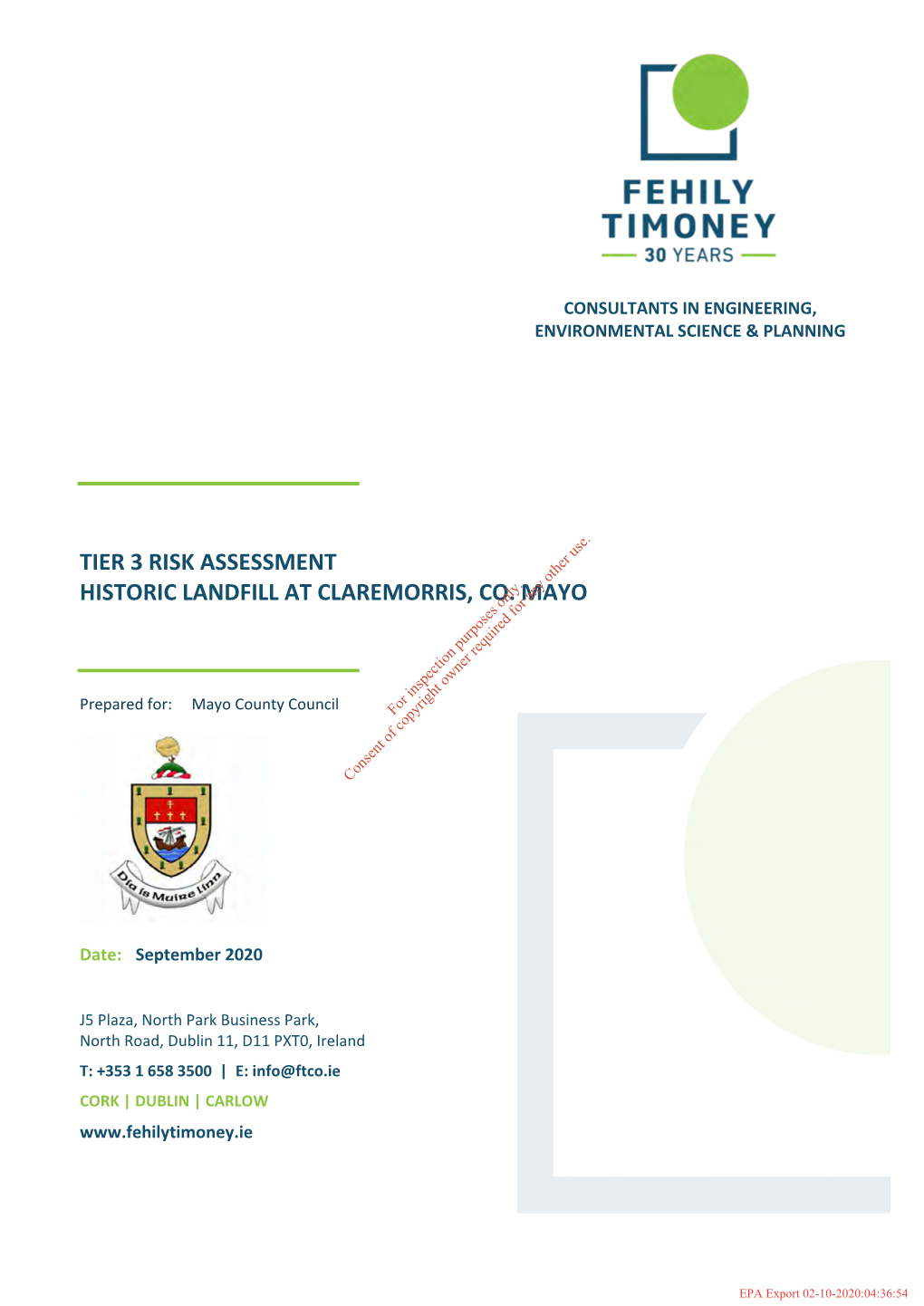 Tier 3 Risk Assessment Historic Landfill at Claremorris, Co