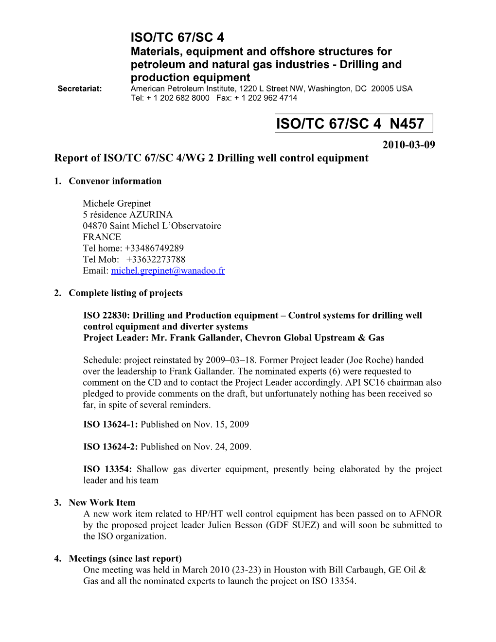 N457 Report of ISO/TC 67/SC 4/WG 2 Drilling Well Control Equipment