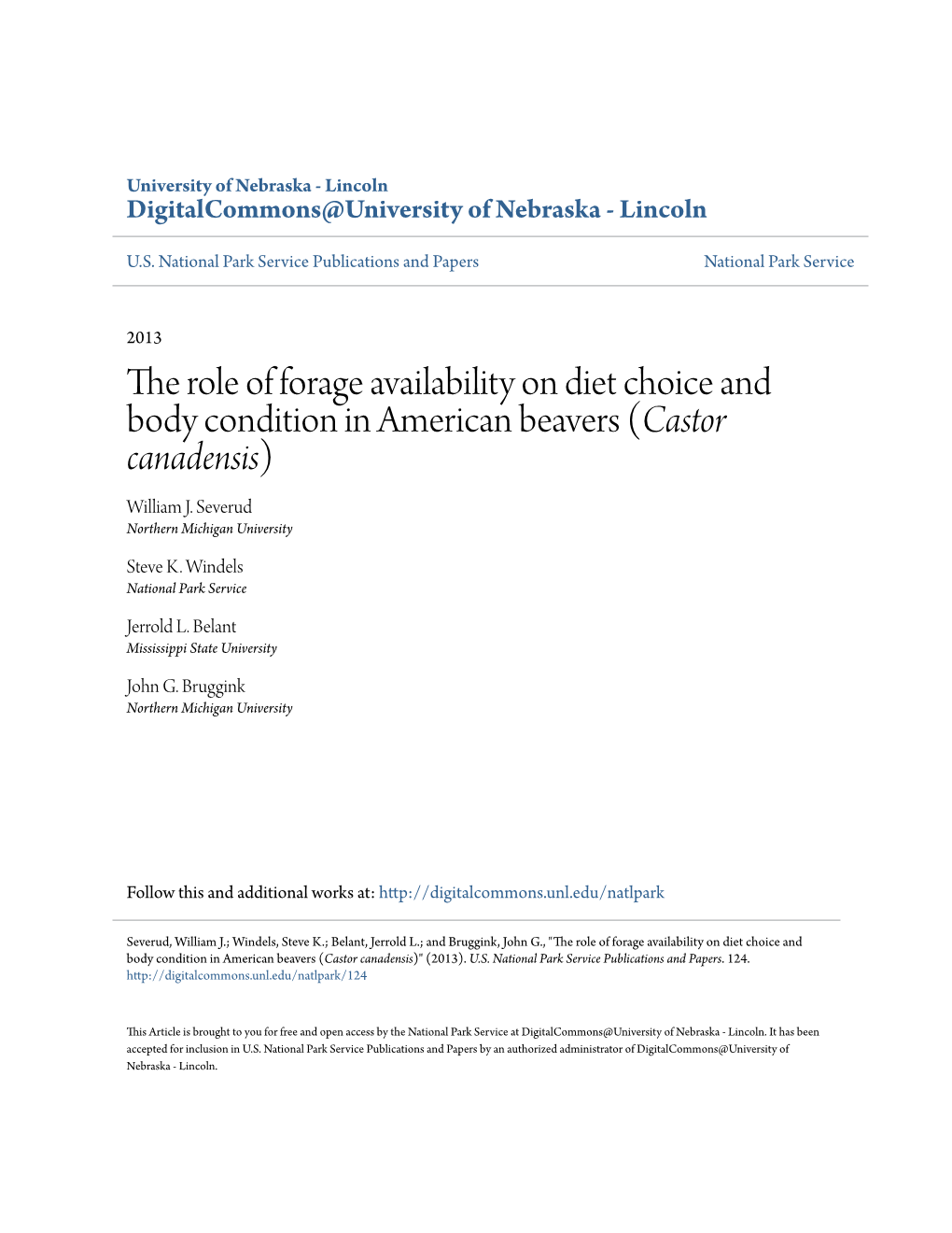 The Role of Forage Availability on Diet Choice and Body Condition in American Beavers (Castor Canadensis)