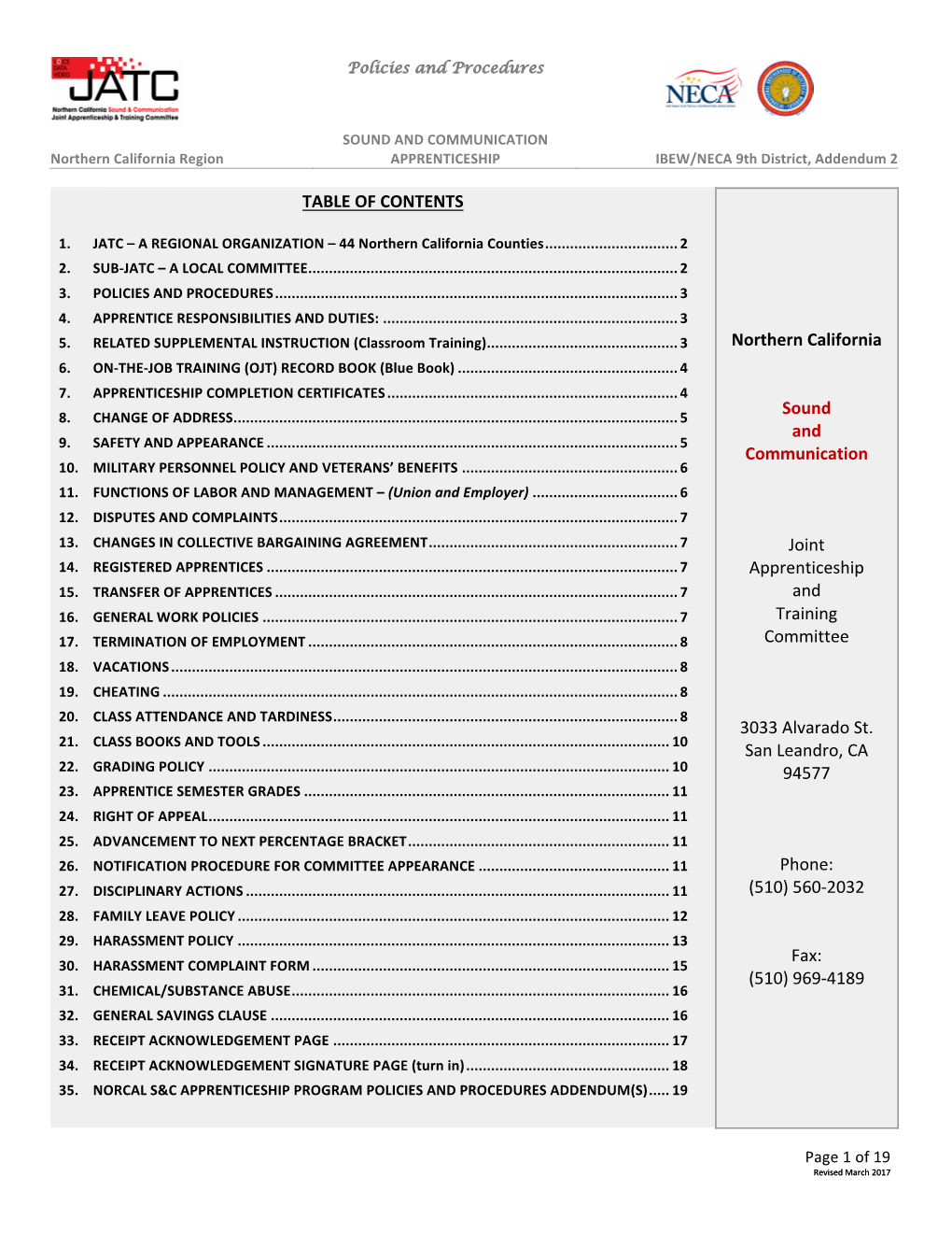 TABLE of CONTENTS Northern California Sound And