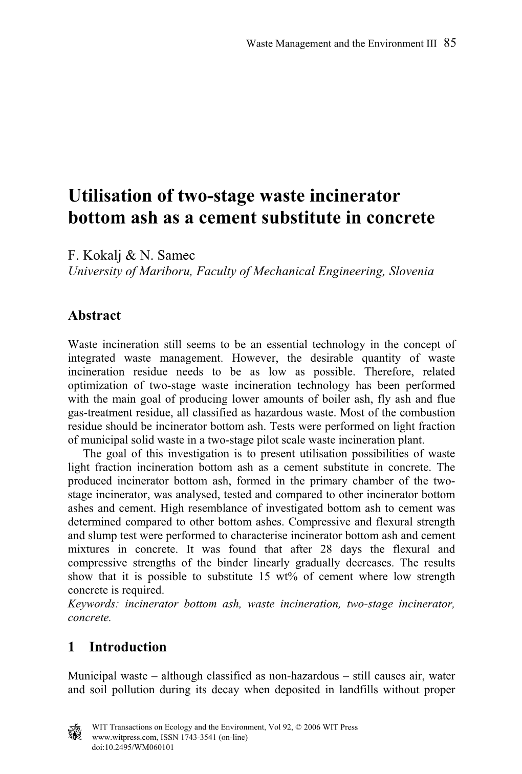 Utilisation of Two-Stage Waste Incinerator Bottom Ash As a Cement Substitute in Concrete