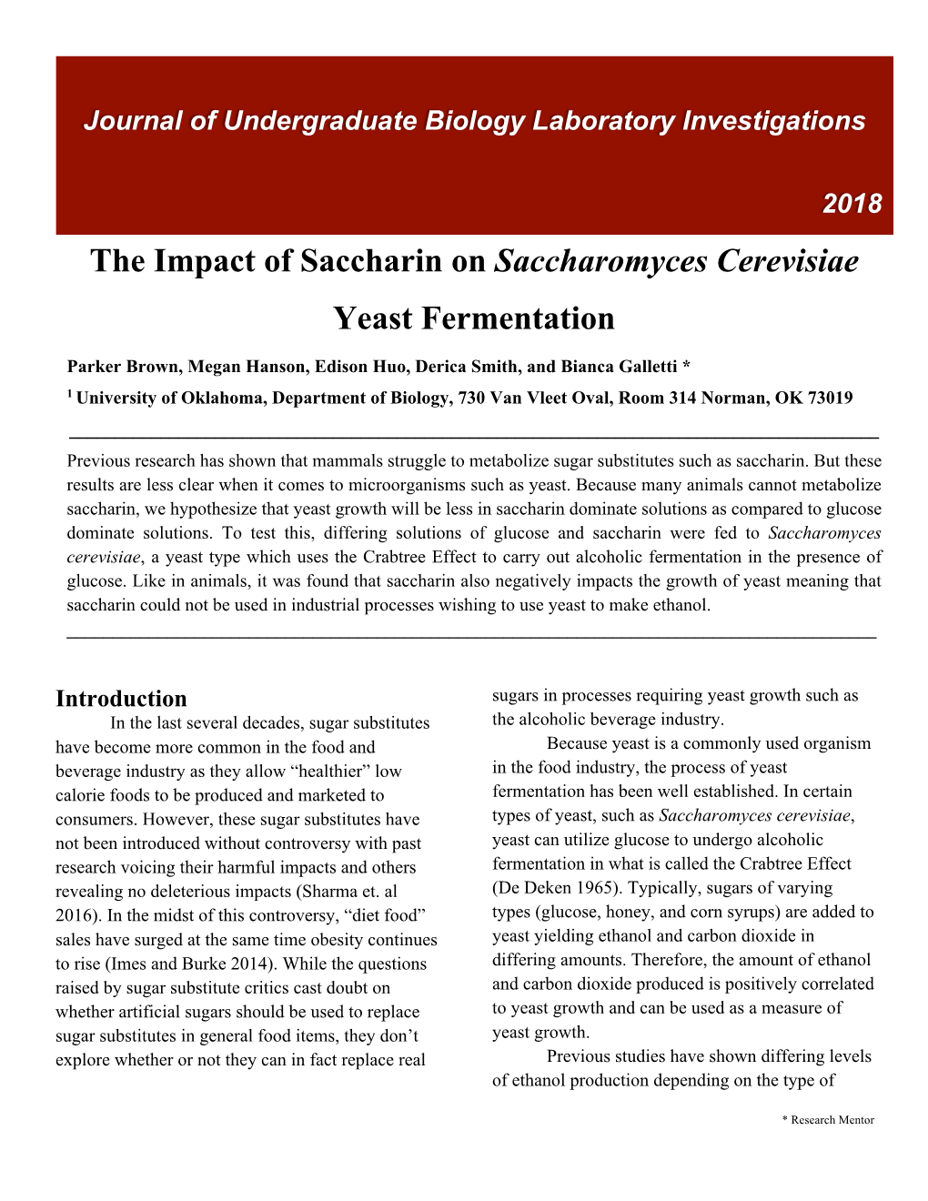 The Impact of Saccharin on Saccharomyces Cerevisiae Yeast