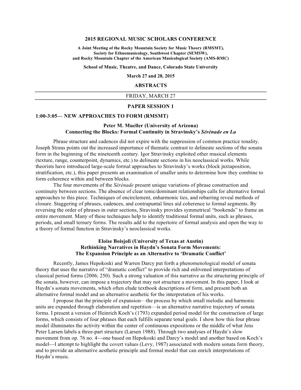 2015 Regional Music Scholars Conference Abstracts Friday, March 27 Paper Session 1 1:00-3:05