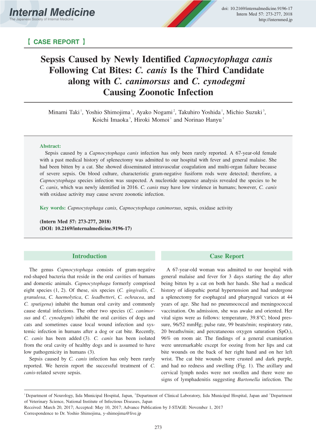 Sepsis Caused by Newly Identified Capnocytophaga Canis Following Cat Bites: C