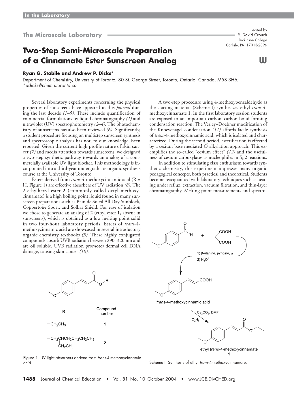 Two-Step Semi-Microscale Preparation of a Cinnamate Ester Sunscreen Analog W