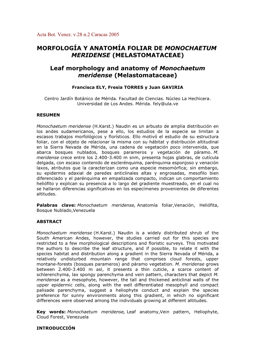 Leaf Morphology and Anatomy of Monochaetum Meridense (Melastomataceae)