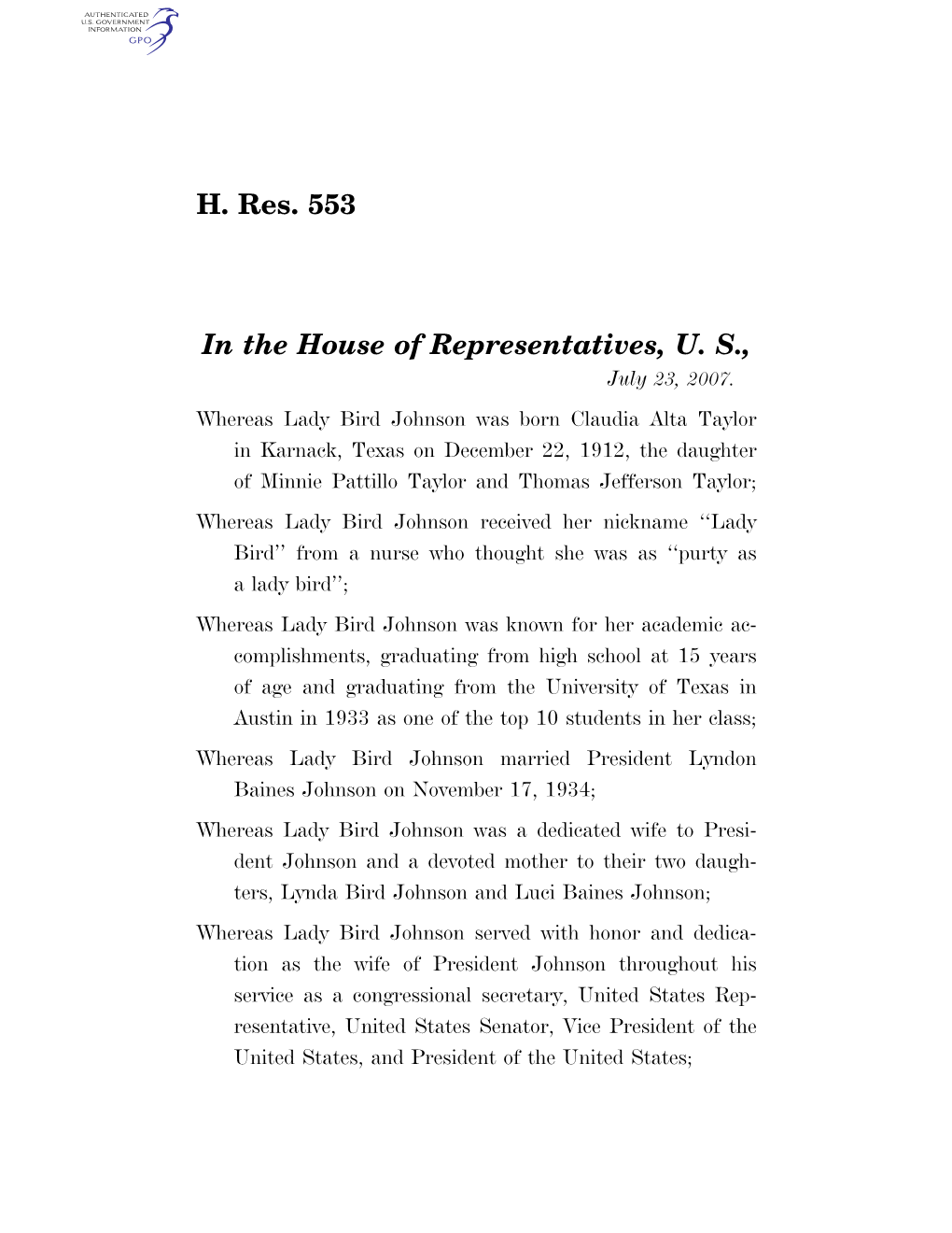 H. Res. 553 in the House of Representatives