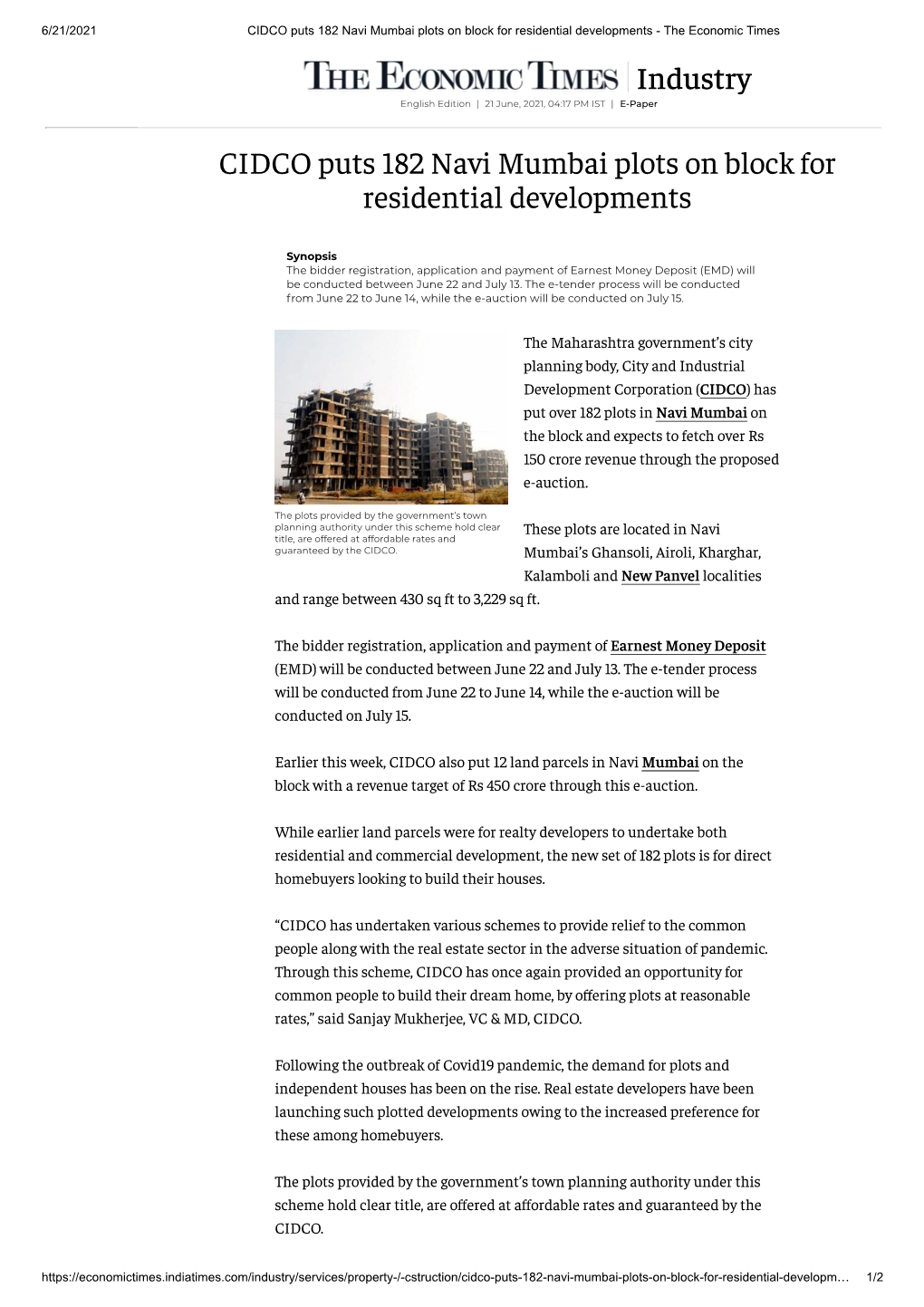 CIDCO Puts 182 Navi Mumbai Plots on Block for Residential Developments - the Economic Times Industry English Edition | 21 June, 2021, 04:17 PM IST | E-Paper