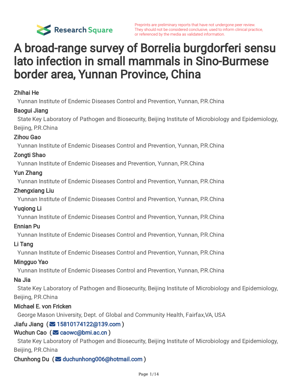 A Broad-Range Survey of Borrelia Burgdorferi Sensu Lato Infection in Small Mammals in Sino-Burmese Border Area, Yunnan Province, China