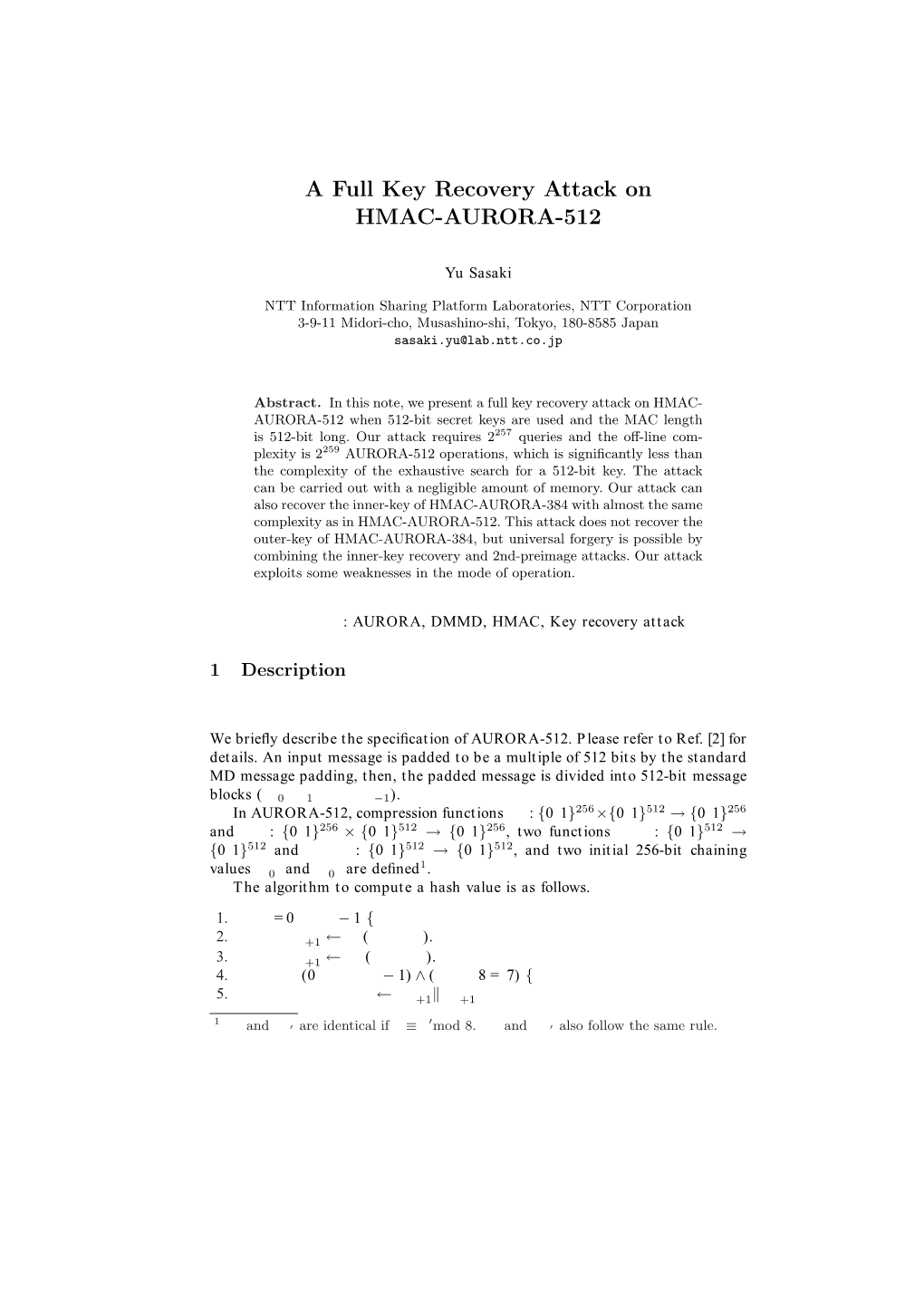 A Full Key Recovery Attack on HMAC-AURORA-512