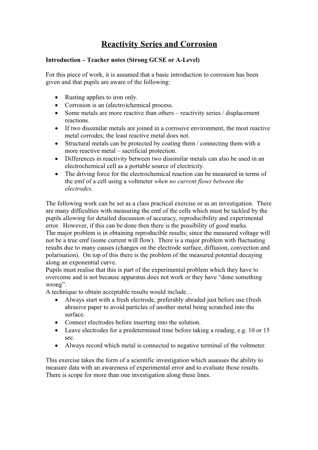 Reactivity Series and Corrosion