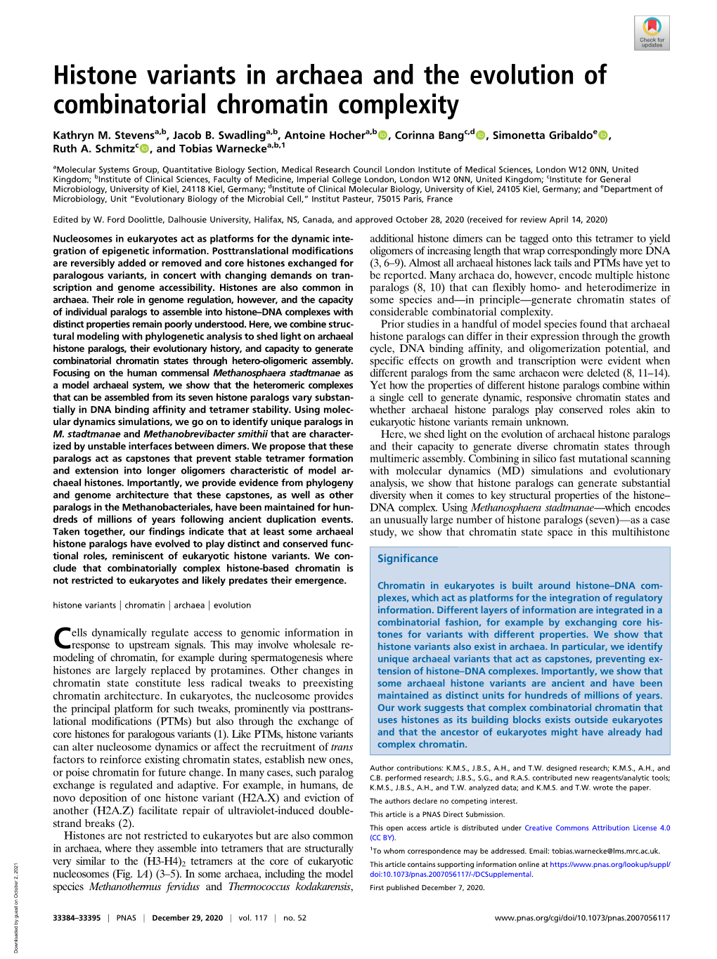 Histone Variants in Archaea and the Evolution of Combinatorial Chromatin Complexity