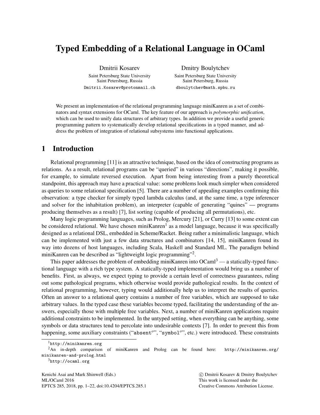 Typed Embedding of a Relational Language in Ocaml