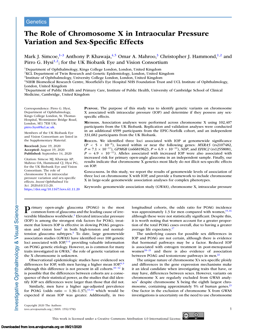 The Role of Chromosome X in Intraocular Pressure Variation and Sex-Specific Effects