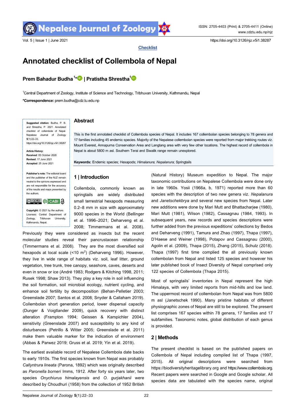 Annotated Checklist of Collembola of Nepal