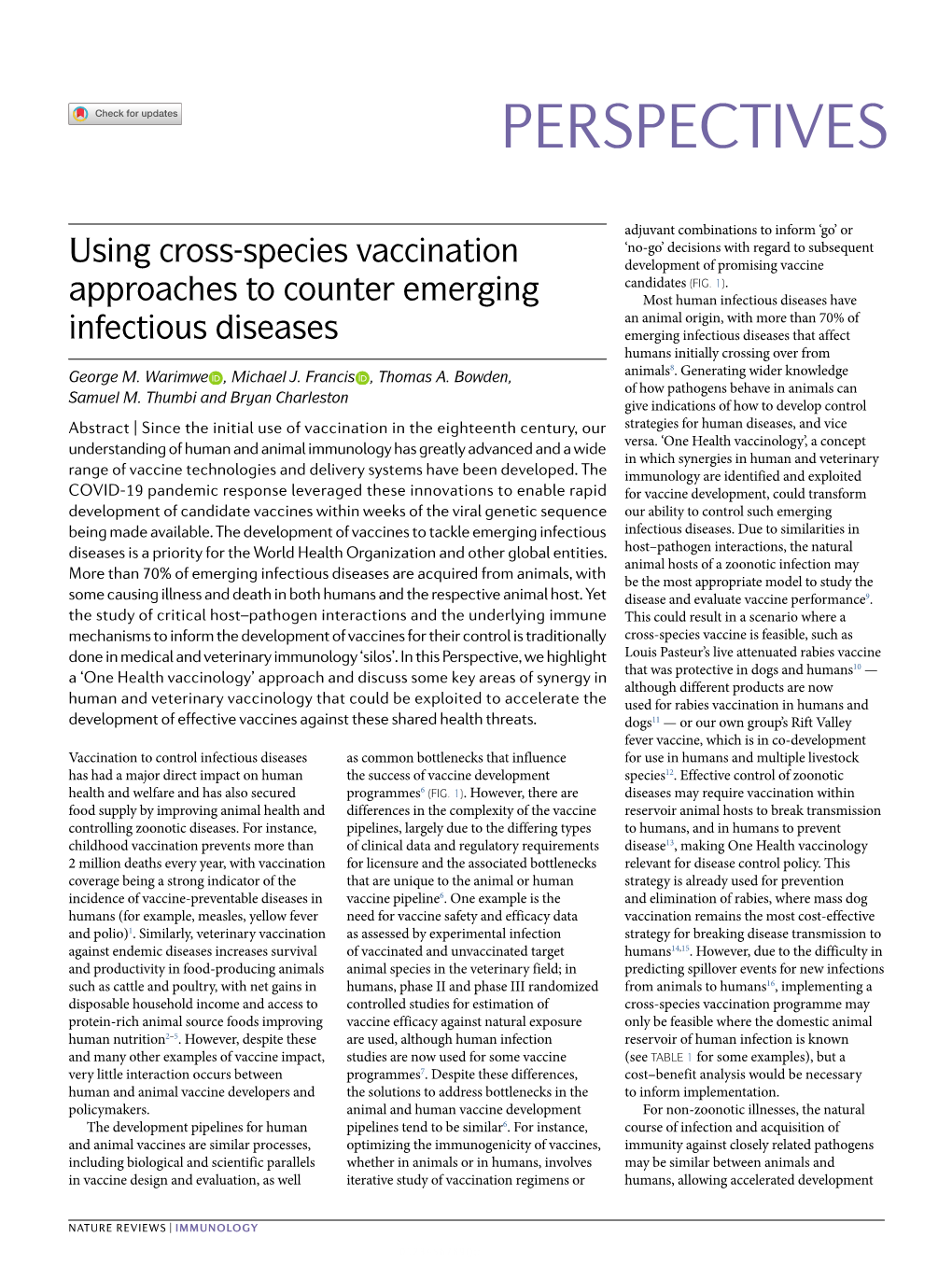 Using Cross-Species Vaccination Approaches to Counter Emerging