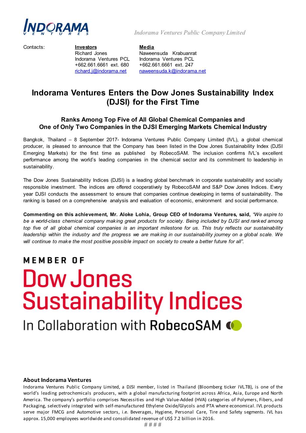 Indorama Ventures Enters the Dow Jones Sustainability Index (DJSI) for the First Time