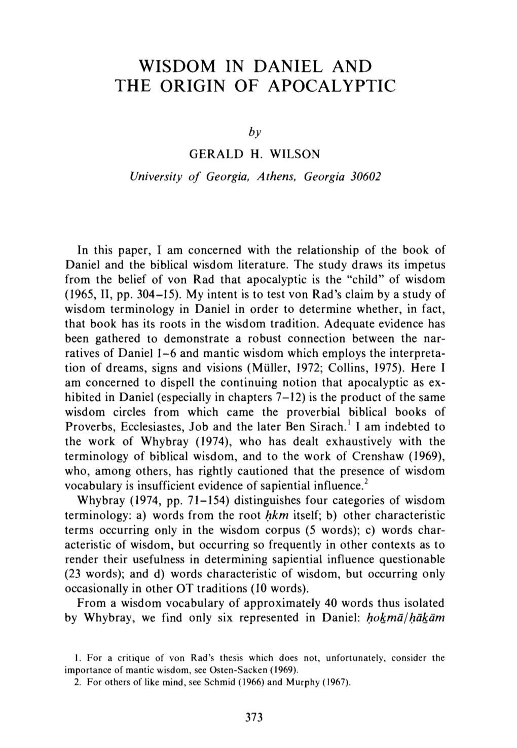 Wisdom in Daniel and the Origin of Apocalyptic