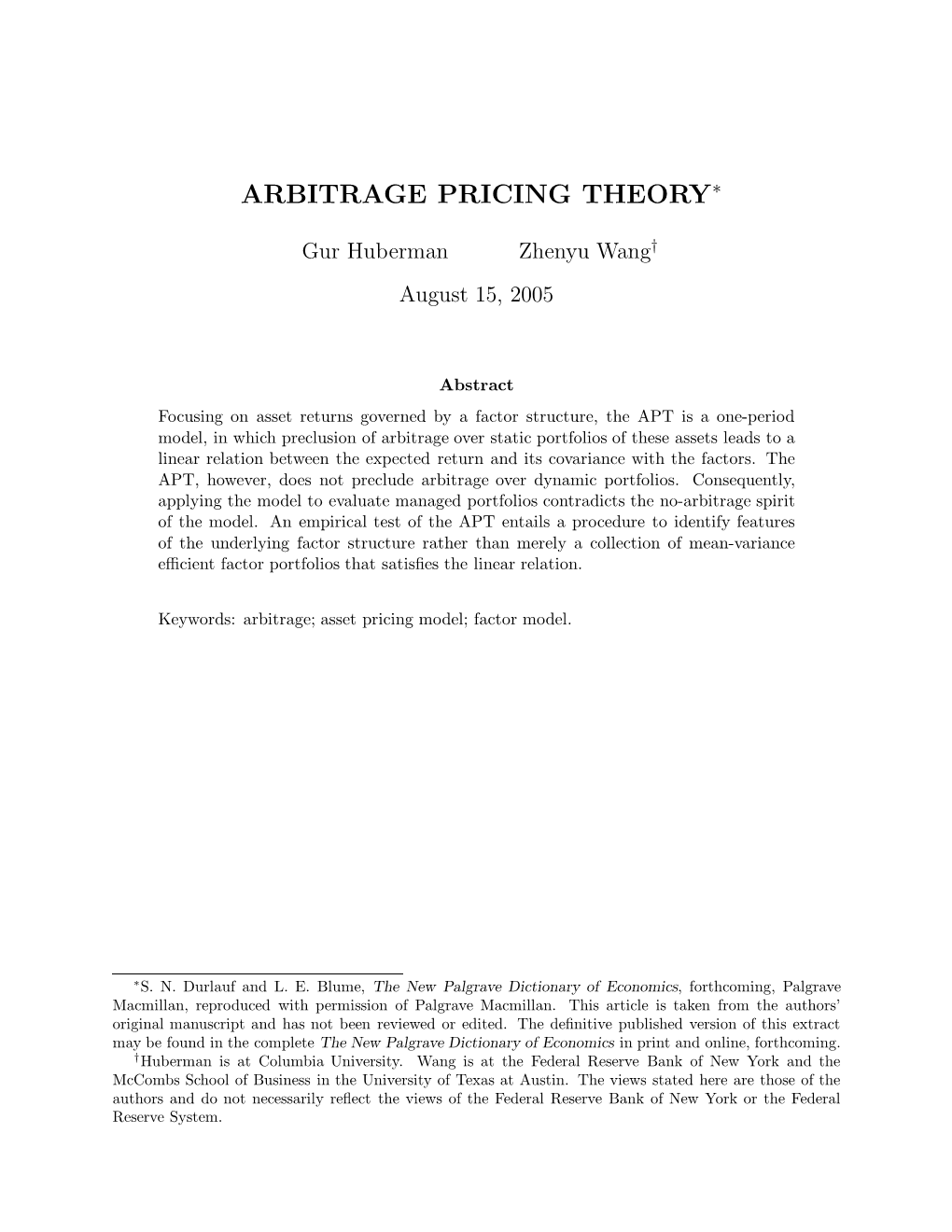 Arbitrage Pricing Theory∗