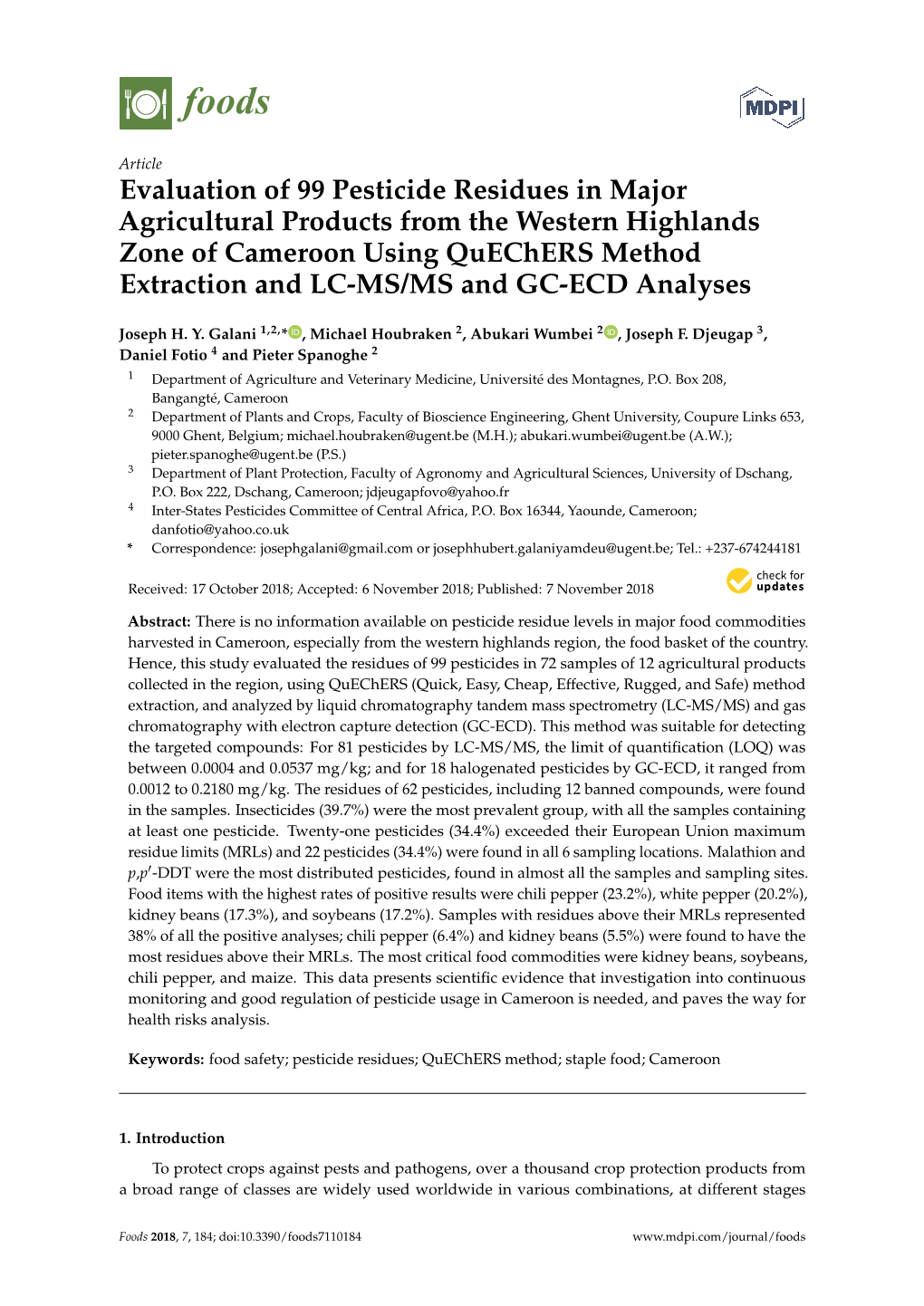 Evaluation of 99 Pesticide Residues in Major Agricultural Products