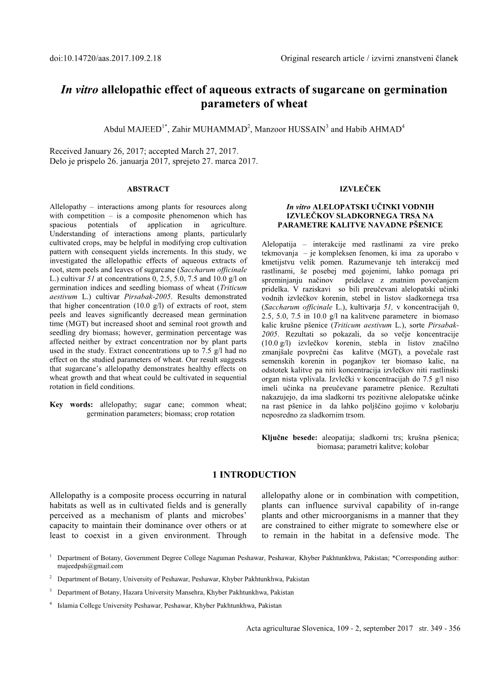 In Vitro Allelopathic Effect of Aqueous Extracts of Sugarcane on Germination Parameters of Wheat