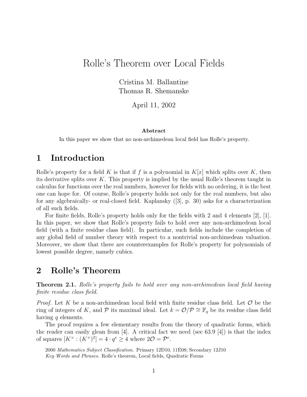 Rolle's Theorem Over Local Fields