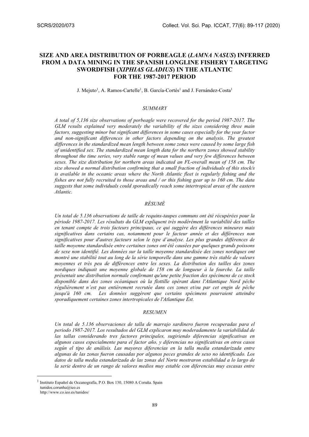 Lamna Nasus) Inferred from a Data Mining in the Spanish Longline Fishery Targeting Swordfish (Xiphias Gladius) in the Atlantic for the 1987-2017 Period