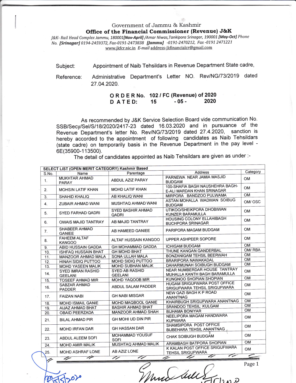 Appointment of Naib Tehsildars in Revenue Department State Cadre