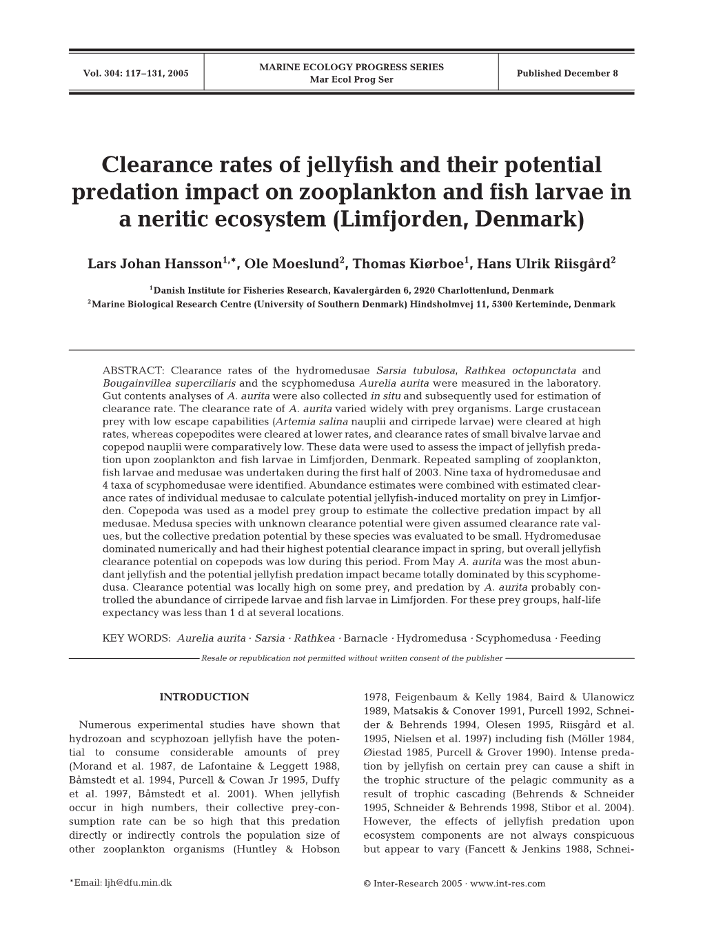 Clearance Rates of Jellyfish and Their Potential Predation Impact on Zooplankton and Fish Larvae in a Neritic Ecosystem (Limfjorden, Denmark)