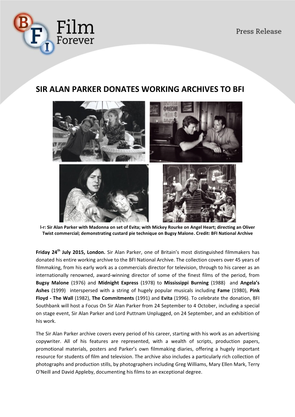 Sir Alan Parker Donates Working Archives to Bfi