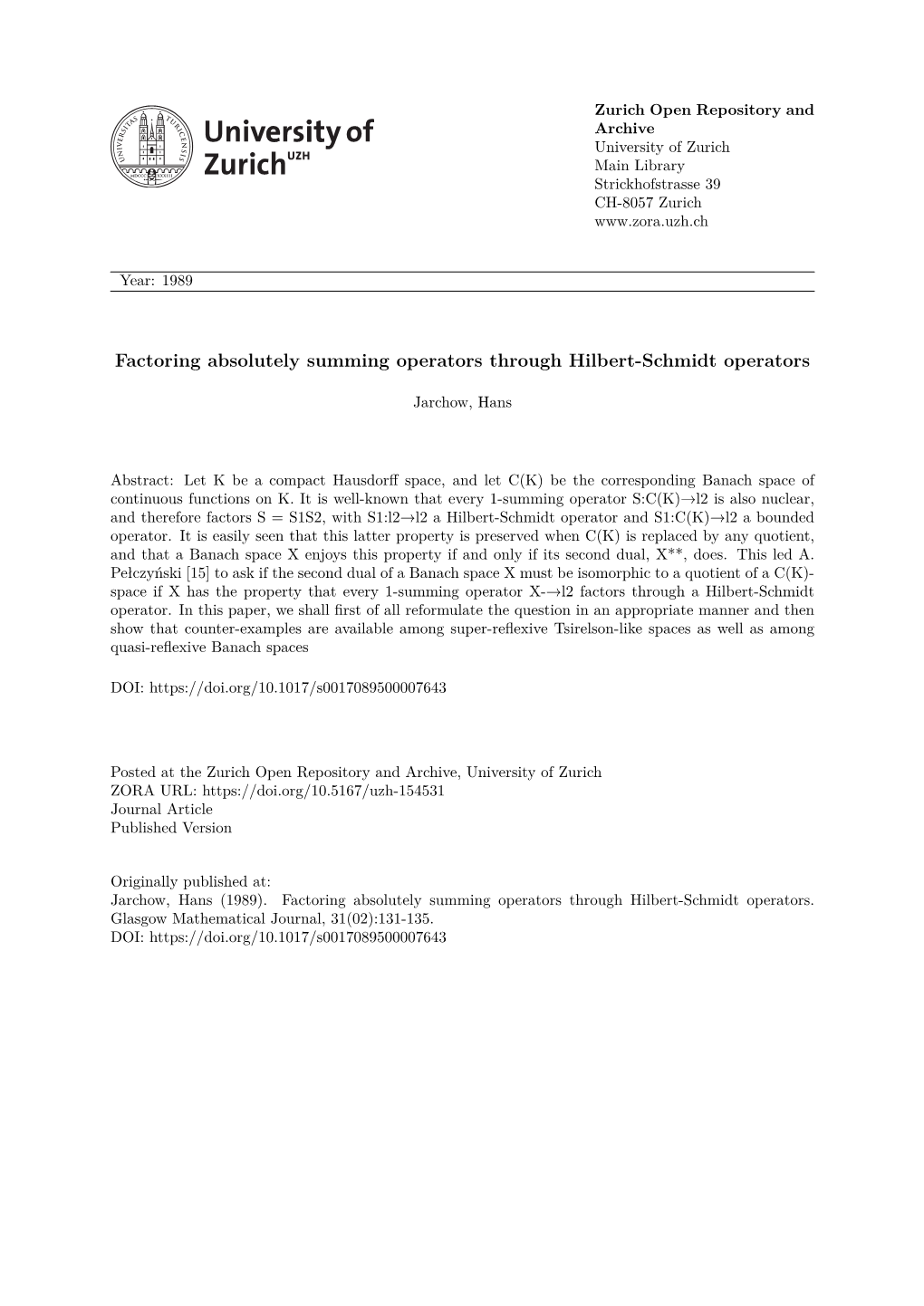 Factoring Absolutely Summing Operators Through Hilbert-Schmidt Operators