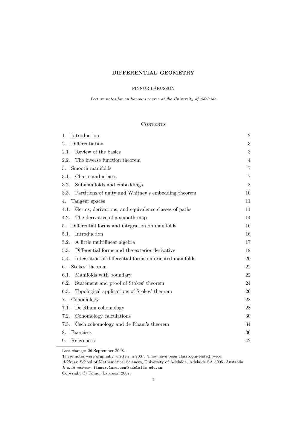 DIFFERENTIAL GEOMETRY Contents 1. Introduction 2 2. Differentiation 3