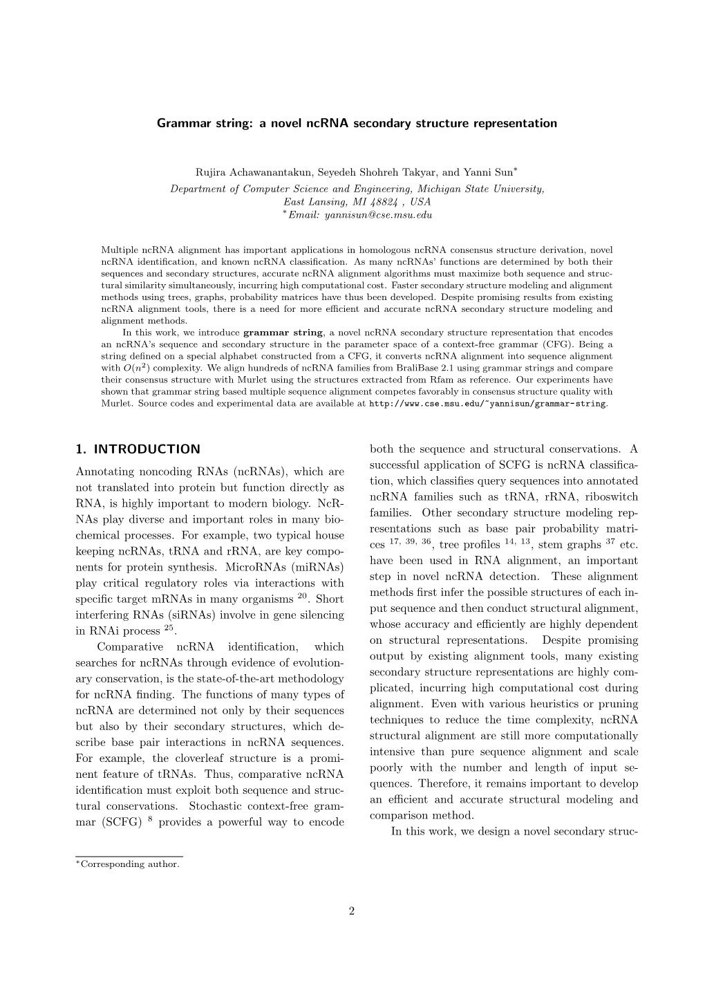 Grammar String: a Novel Ncrna Secondary Structure Representation