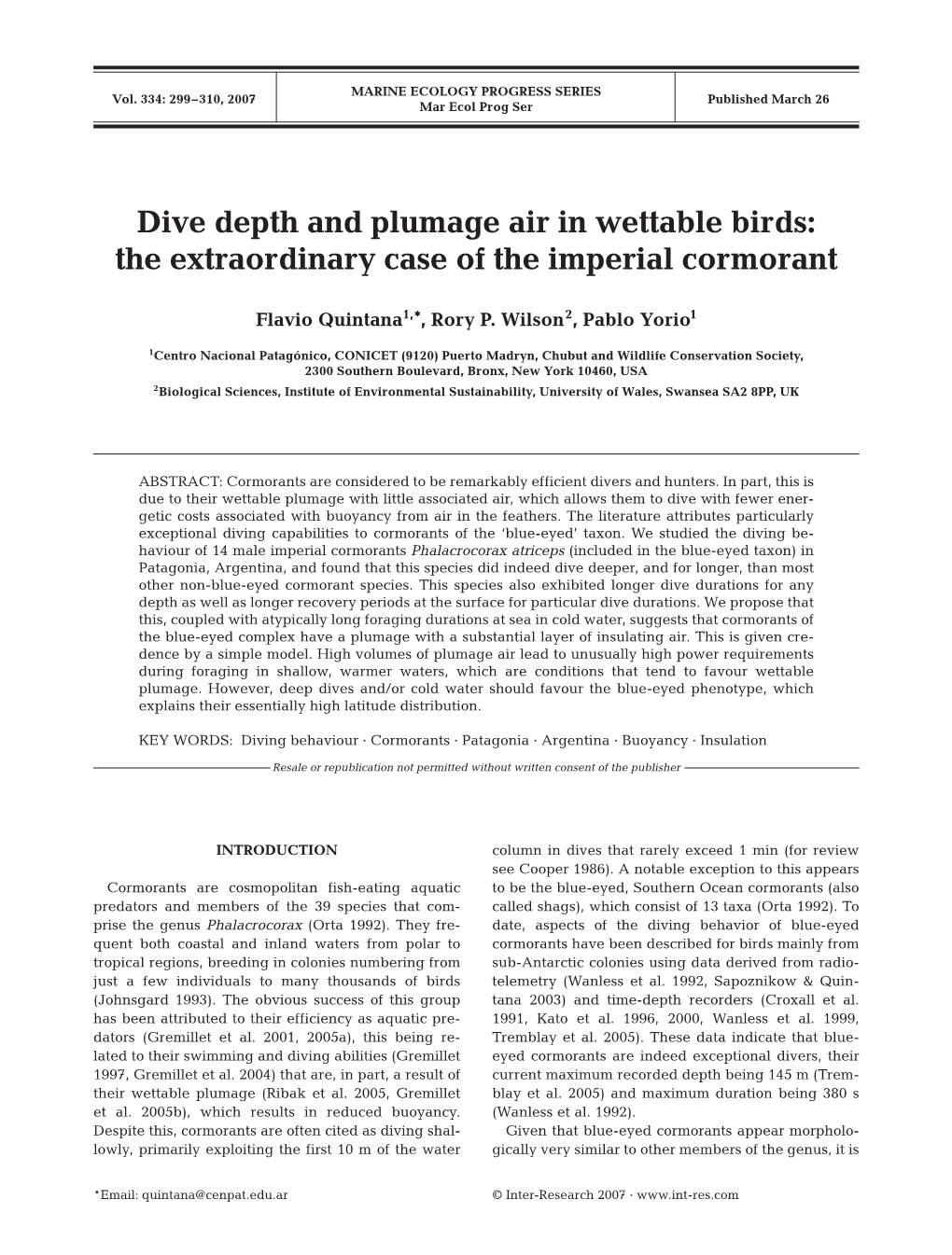 Dive Depth and Plumage Air in Wettable Birds: the Extraordinary Case of the Imperial Cormorant