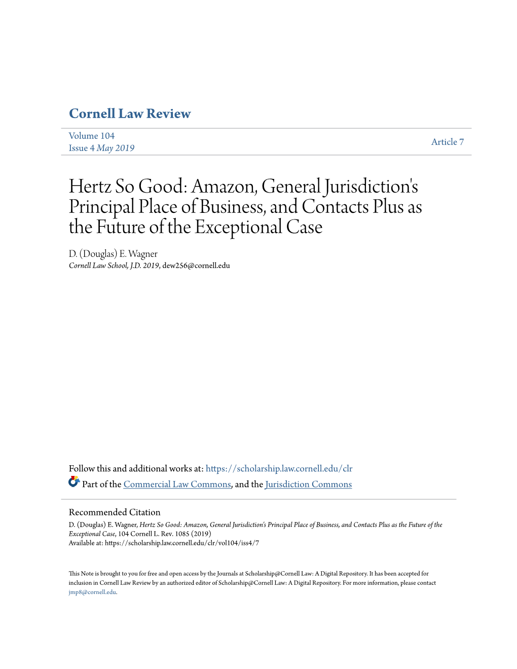 Hertz So Good: Amazon, General Jurisdiction's Principal Place of Business, and Contacts Plus As the Future of the Exceptional Case D