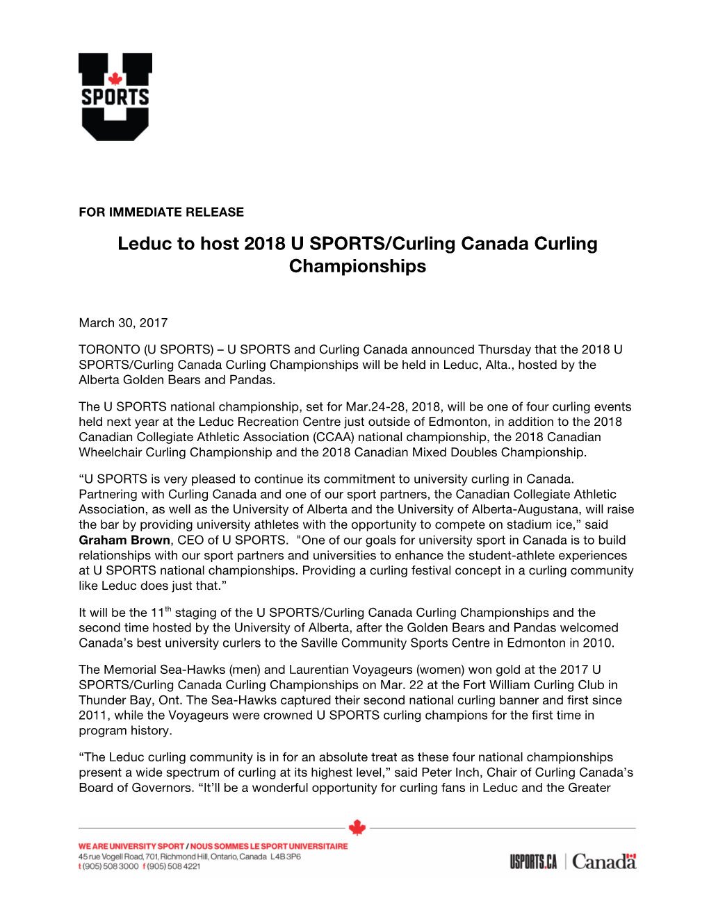 Leduc to Host 2018 U SPORTS/Curling Canada Curling Championships