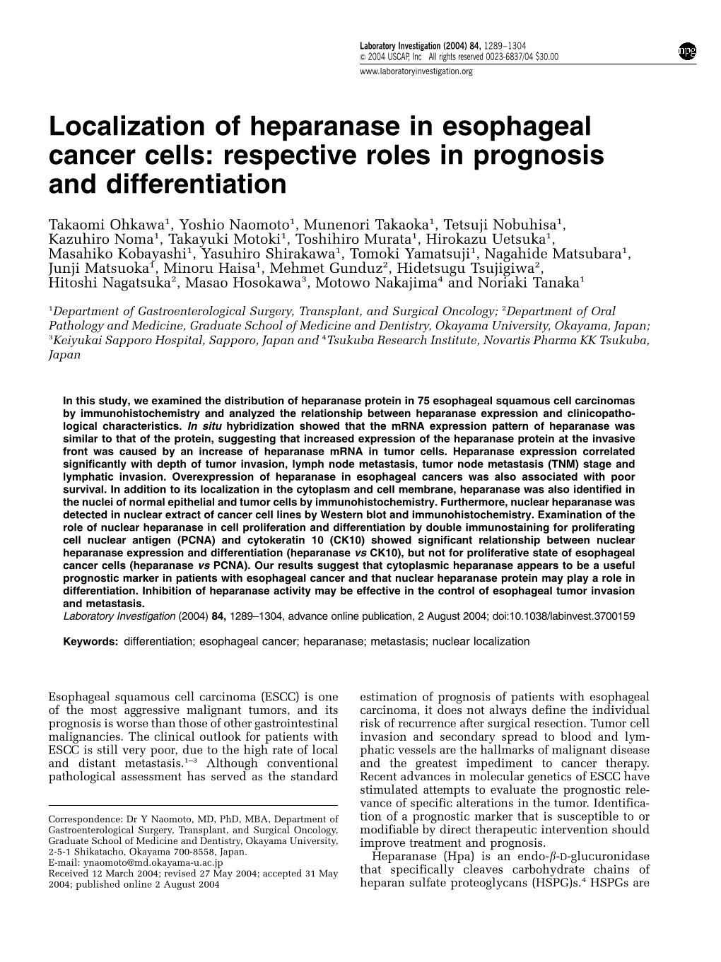 Localization of Heparanase in Esophageal Cancer Cells: Respective Roles in Prognosis and Differentiation