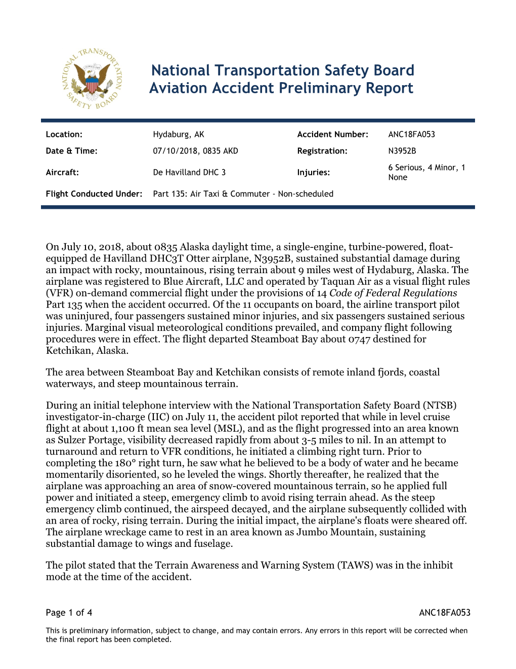 National Transportation Safety Board Aviation Accident Preliminary Report