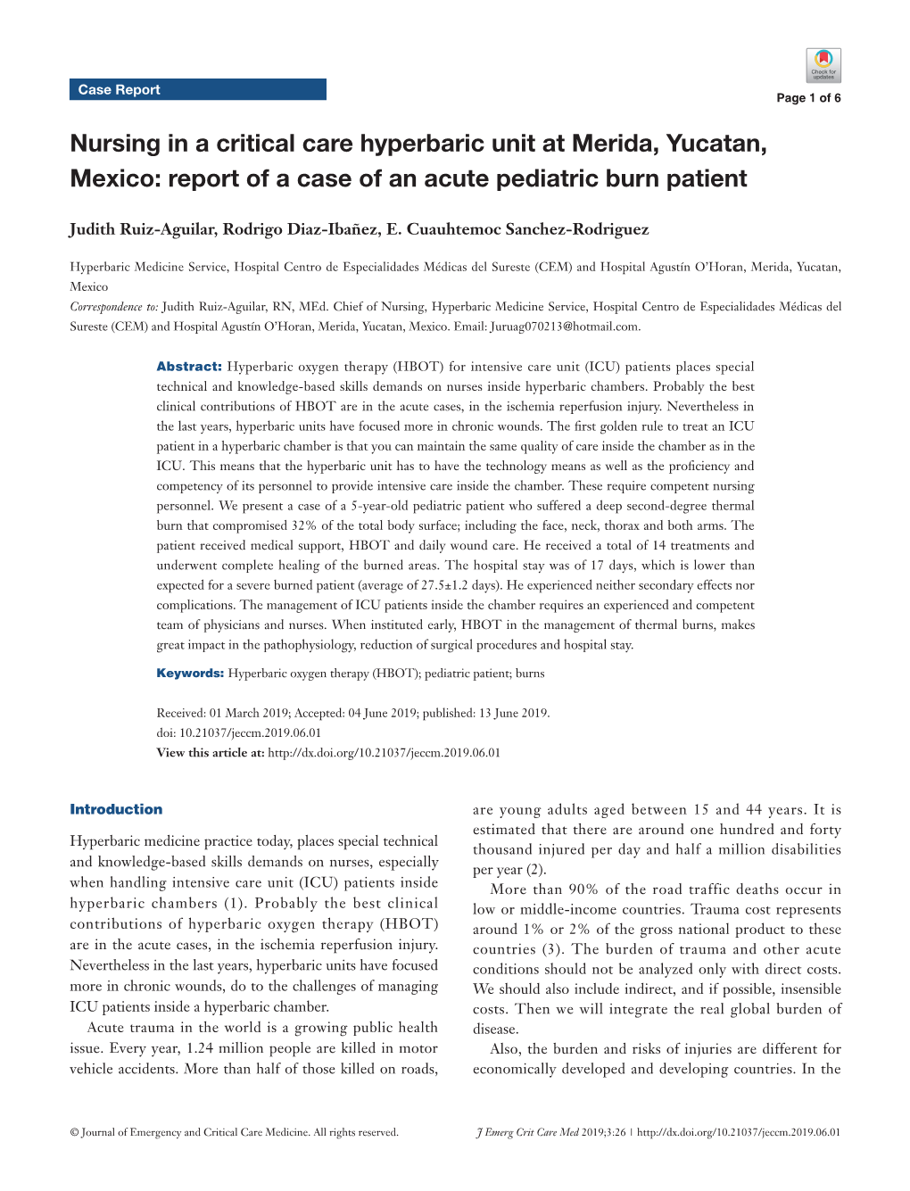 Nursing in a Critical Care Hyperbaric Unit at Merida, Yucatan, Mexico: Report of a Case of an Acute Pediatric Burn Patient